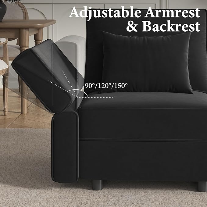 Vesgantti Sectional Sleeper Sofas with Storage, 118" Sofa Bed with 8 Seats Storage Chaises Removeble Cover, Deep Seat Modular Couches Velvet Couch Set for Living Room, Apartment, Home Theatre, Black