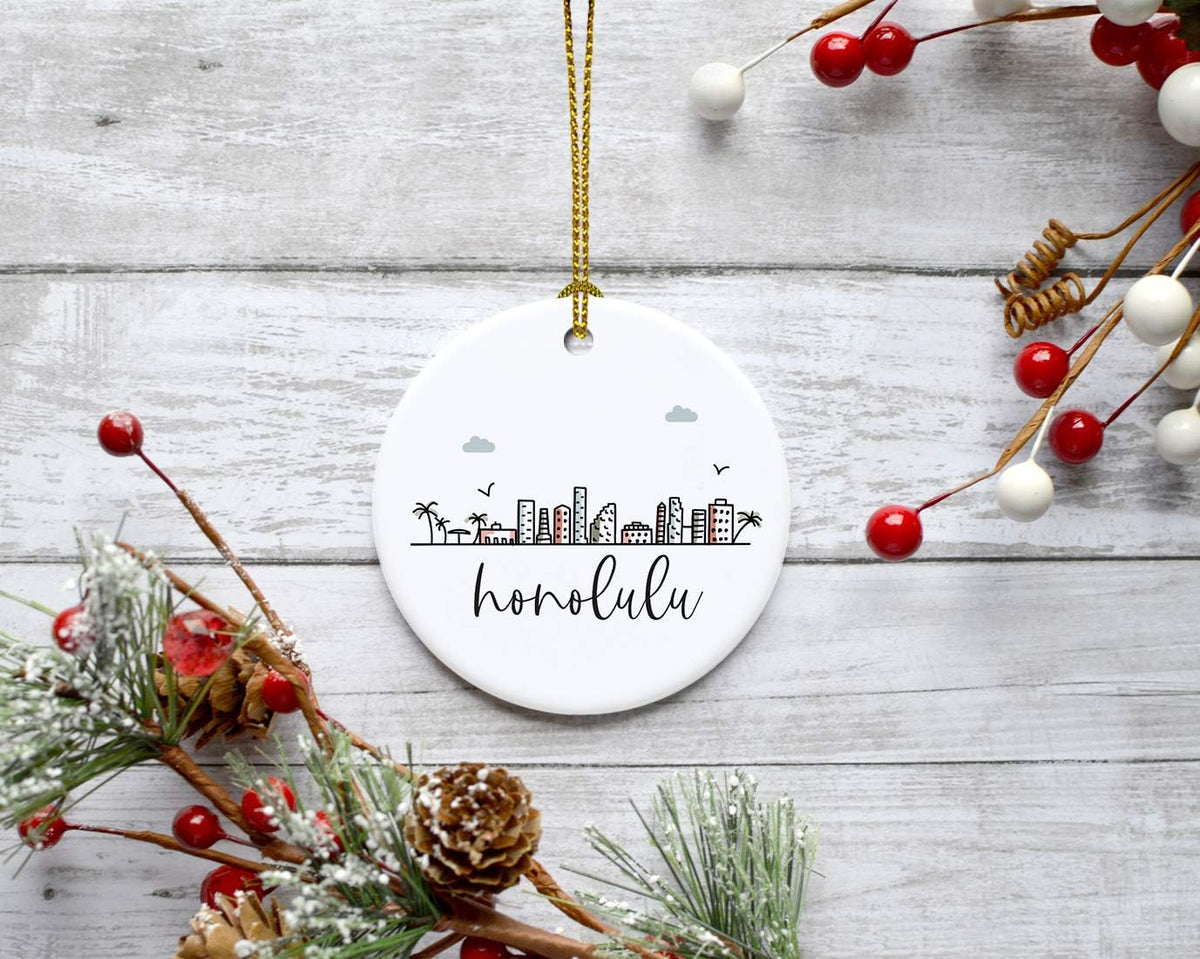 Andaz Press Round Ceramic Porcelain Christmas Tree Ornament Keepsake, Honolulu City Skyline Graphic, 1-Pack, Birthday Gift Idea for Family, Coworker, Him, Her, Includes Gift Box