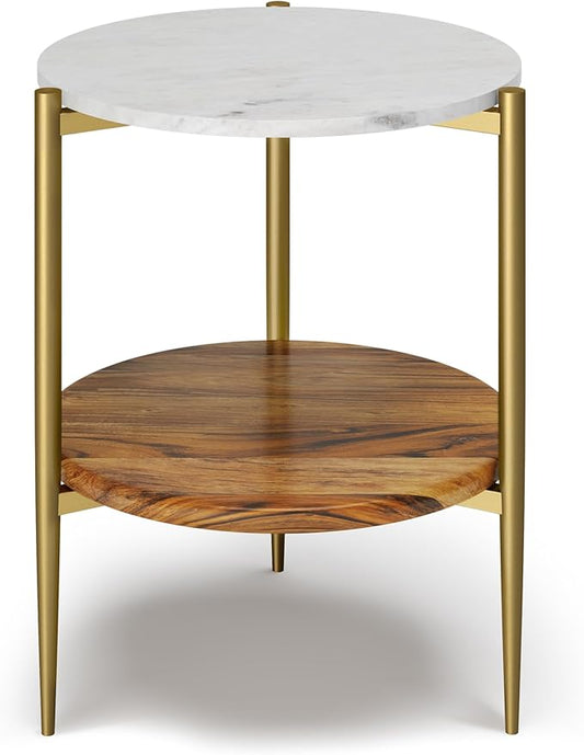 SIMPLIHOME Wagner SOLID ACACIA WOOD 18 inch Wide Round Mid Century Marble & Wood Side Table in White/Natural for the Living Room and Bedroom
