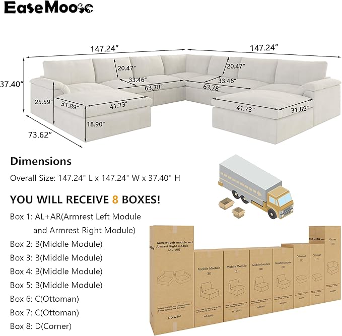 EASE MOOSE Oversized Sectional Cloud Couch, 9-Seat Modular Boneless Sofa Set with Deep Seat, No-Assembly Chenille Sofa for Living Room, White