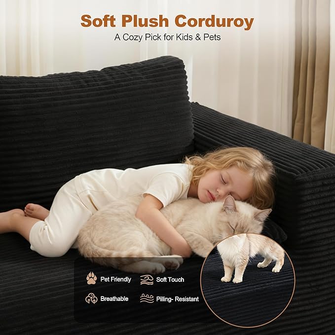 Modular Sectional Cloud Couch for Living Room,Modern Boneless Couche Set with Plush Corduroy,Comfy Floor Sofa with Memory Foam,Stupendous U Shaped Sofa with Chaise,No Assembly Required,Black