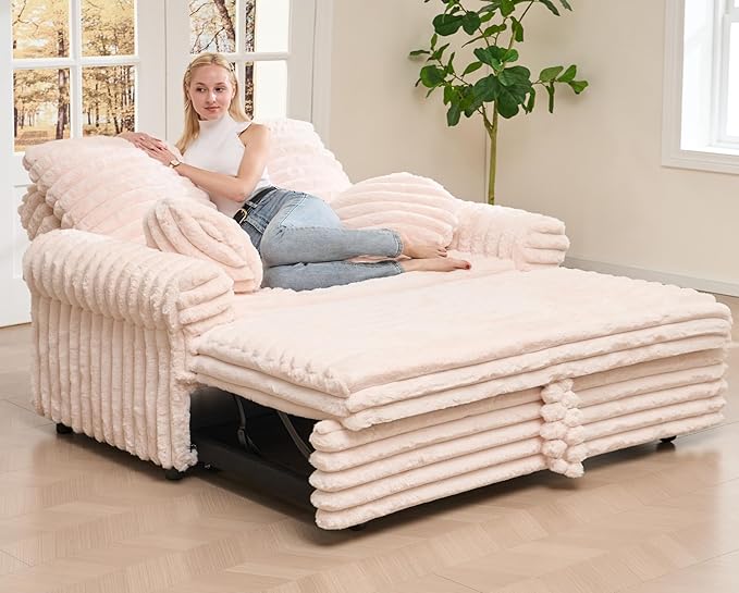 Belffin Upholstered Chaise Lounge Pull Out Sofa Bed with Pillows Couch Bed Sofa Pull Out Couch Sleeper Chair with Rolled Armrests for Living Room Plush Corduroy (Pink)