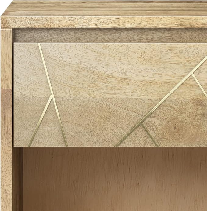 SIMPLIHOME Jager Bedside Table - 22 inch Wide Solid Mango Wood Nightstand in Natural, Mid Century Contemporary Bedroom Side or End Table with Brass Metal Inlay, 1 Drawer, and Open Storage