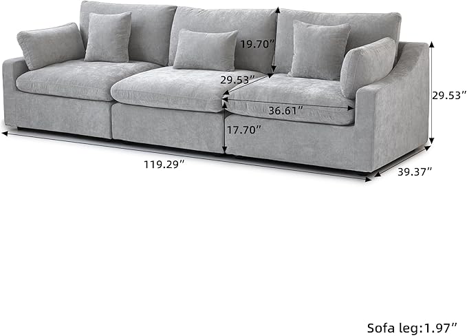 JACH Sectional Couches for Living Room, 3 Seater Cloud Sectional Couch with Deep Seat, Down Filled Modular Sofa, Covers Removeable & Washable, Sofas Furniture for Living Room, Light Grey