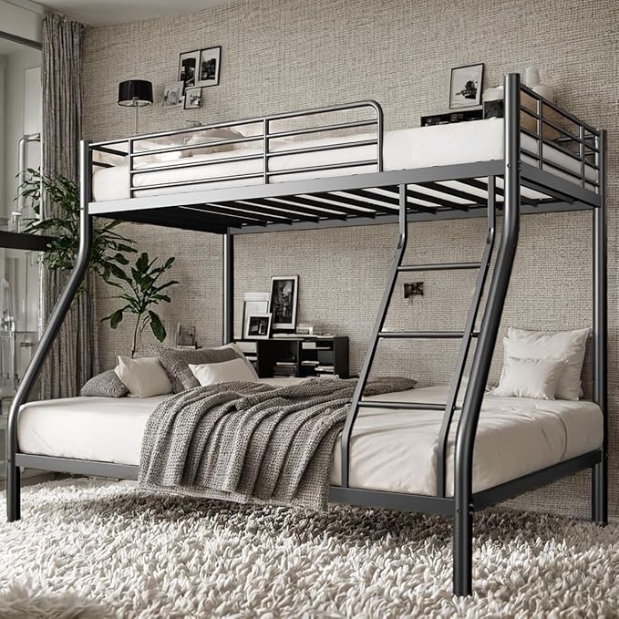 soges Metal Bunk Beds Twin Over Full Size with Ladder & Guardrail, Heavy Duty for Teens & Adults, Space Saving, No Box Spring Needed, Idea for Dorms & Small Rooms, Black