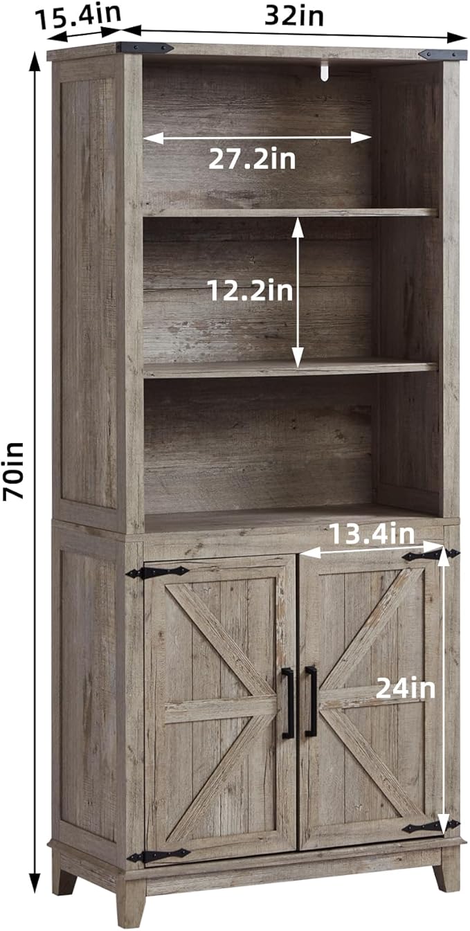 5 Tier Bookshelf 70in Tall Bookcase with Barn Doors and Storage Cabinet, Grey Farmhouse Book Shelf with Adjustable Shelves, Wood Freestanding Display Bookshelves for Bedroom, Kitchen (3 PCS)