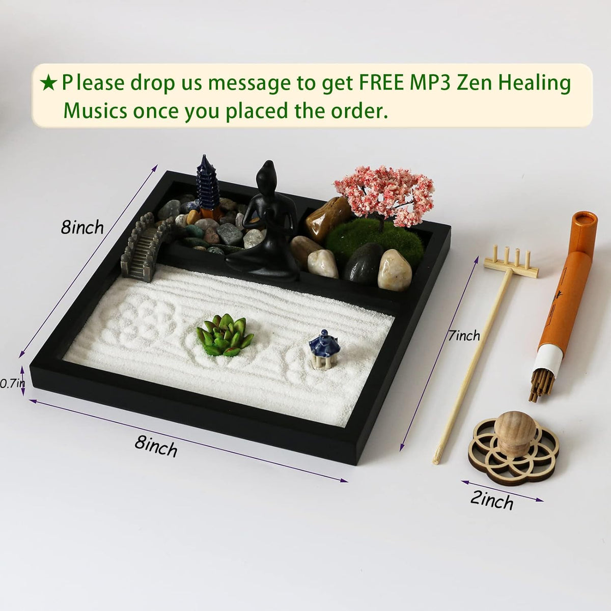 Desktop Meditation Yoga Garden Kit with Japanese Tabletop Rock Sand Chakra Shrine Altar, Home Office Desk Zen Decor, Gifts for Women & Men, Birthday, Includes Rake Tool & Accessories