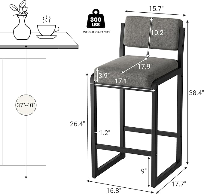 Bar Stools Set of 3, Fabric Counter Height Bar Stools with High Back and Metal Legs, Upholstered Bar Chairs, 26" Modern Barstools for Kitchen Island, Grey