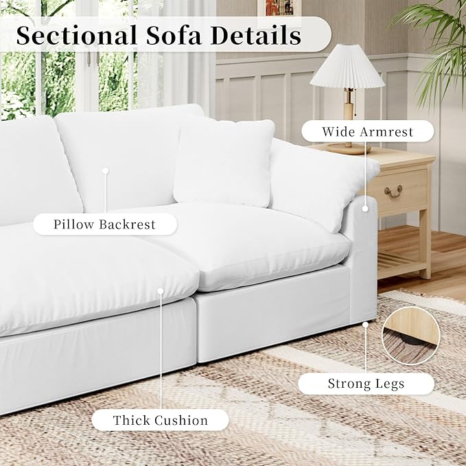 Modular Sectional Sofa Cloud Couch,Down Filled Comfy Cloud Modern Sofa,White Linen Oversized Couch Cushion Covers Removable for Living Room(3 Seater)