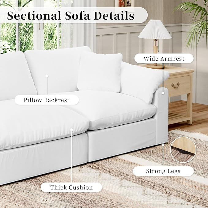 Modular Sectional Sofa Cloud Couch,Down Filled Comfy Cloud Modern Sofa,White Linen V Shape 5 Seater Oversized Couch Cushion Covers Removable for Living Room