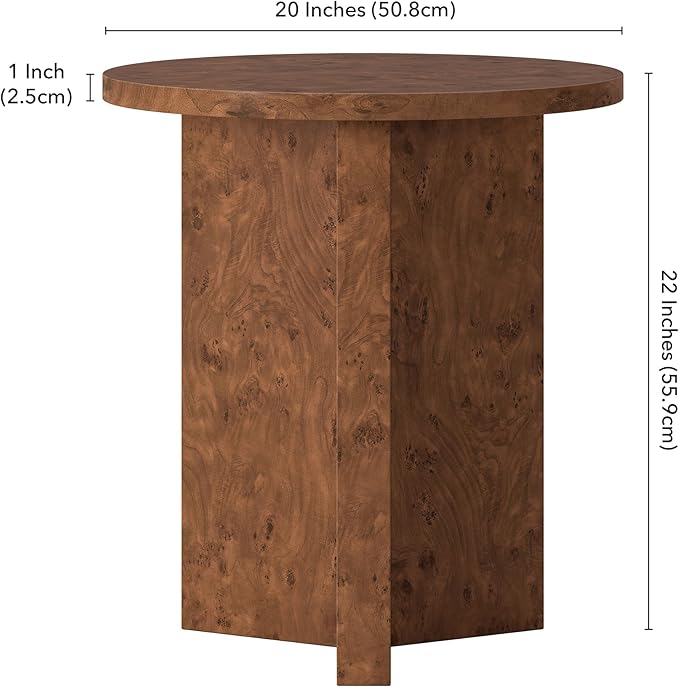 Henn&Hart 20" Scandinavian Round Wooden End Table, Side Table, Nightstand with X-Base for Living Room, Office, Family Room, or Bedroom, Walnut Burl