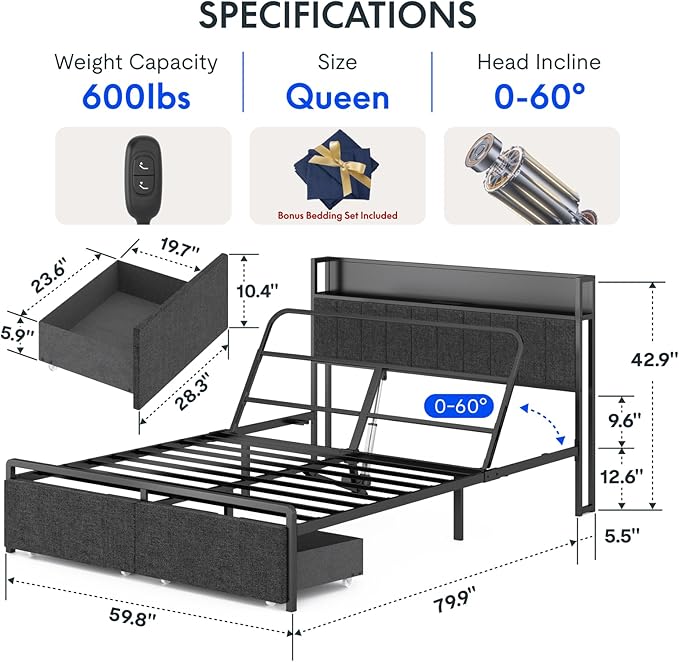 FLEXISPOT BF21Q Adjustable Bed Frame with 12 Inch Queen Size Gel Memory Foam Mattress, Viscose from Bamboo, Medium Firm, Certi-PUR & Oeko-TEX Certified, Bonus 4-Piece Queen Sheet Set Included.