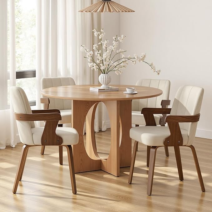 Kitchen Dining Chairs Set of 4, Faux Leather Upholstered Dining Room Chairs with Wood Arms and Legs, Mid Century Modern Kitchen Side Chair for Living, Bedroom, Restaurant, Walnut/Beige