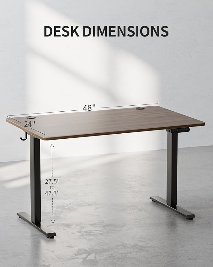 FEZIBO One-Piece Standing Desk Adjustable Height Stand up Home Office Desk, 48x24 Inch Electric Standing Computer Desk, with 4 Memory Presets, Headphone Hook, Black Walnut