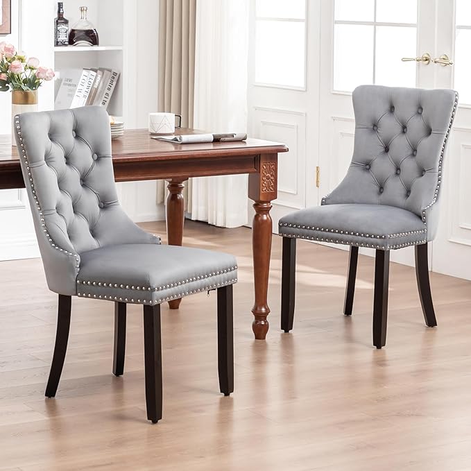Velvet Dining Chairs Set of 2, Tufted Dining Room Chairs with Nailhead Ring Pull Trim, Upholstered Dining Chairs with Solid Wood Legs for Kitchen Dining Room, Sillas De Comedor (Grey)