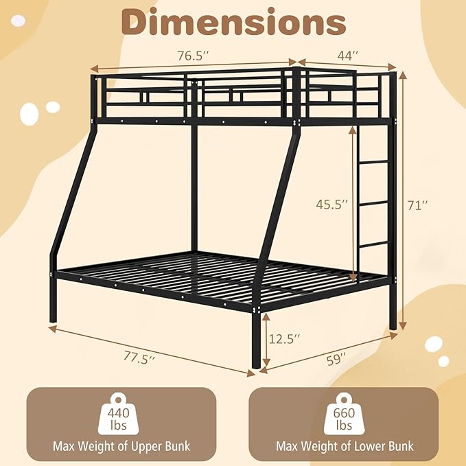 Giantex Metal Bunk Beds Twin Over Full Size, Heavy Duty Loft Bunk Bed with Ladder & Guardrail, Space Saving Bunk Bed for Dorm Apartment, Teens & Adults, Noise-Free, No Box Spring Needed, Black