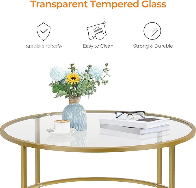 Yaheetech Gold Glass Coffee Table for Living Room, 36" Round Glass Coffee Table with Metal Frame, Circle Coffee Table for Home, Office, Apartment