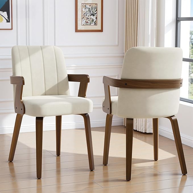 Kitchen Dining Chairs Set of 2, Faux Leather Upholstered Dining Room Chairs with Wood Arms and Legs, Mid Century Modern Kitchen Side Chair for Living, Bedroom, Restaurant, Walnut/Beige