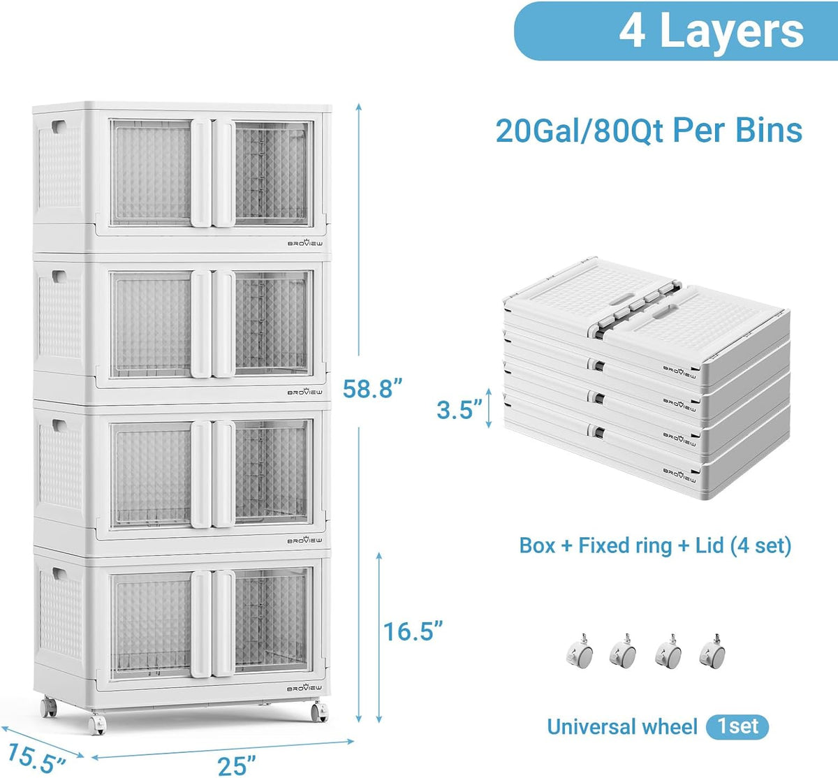 400Qt Stackable Storage Bins with Lids, 100Gal Closet Organizers and Storage Drawer, Plastic Collapsible Storage Bins with Doors, Heavy Duty Store Box Cabinet for Home Kitchen, 4Pack White