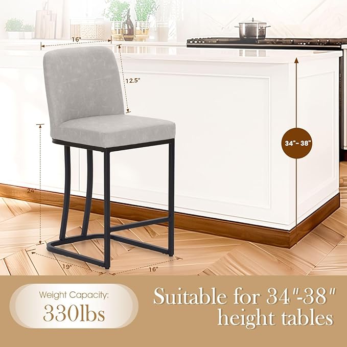 Sophia & William Bar Stools, Counter Height 24" Counter Stools for Kitchen Island, Modern PU Leather Bar Stools with Backrest,Light Grey,1PC