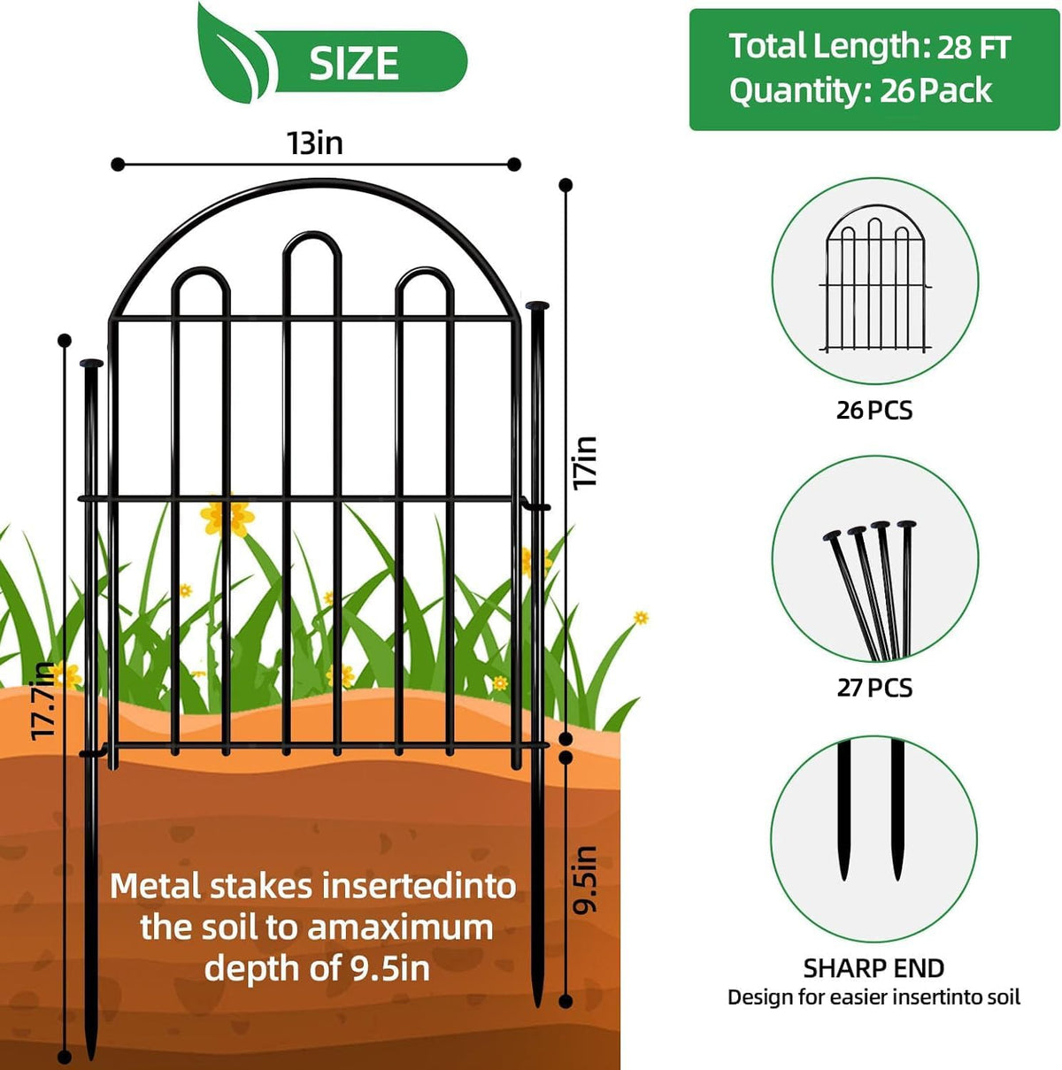 26 Pack Decorative Garden Fence, 26in x 28ft Arched No Dig Animal Barrier Fence for Dog Rabbit, Garden Edging Border, Rustproof Metal Ground Stake Border for Outdoor Yard Patio Decor