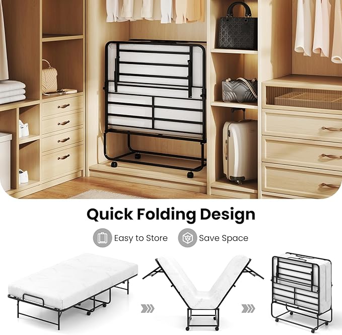 Giantex Twin Folding Bed Frame with Mattress, 75" x 38" Portable Rollaway Guest Bed with Memory Foam Mattress & Metal Frame, Space Saving Roll Away Beds with Mattresses for Adults Guest Apartment