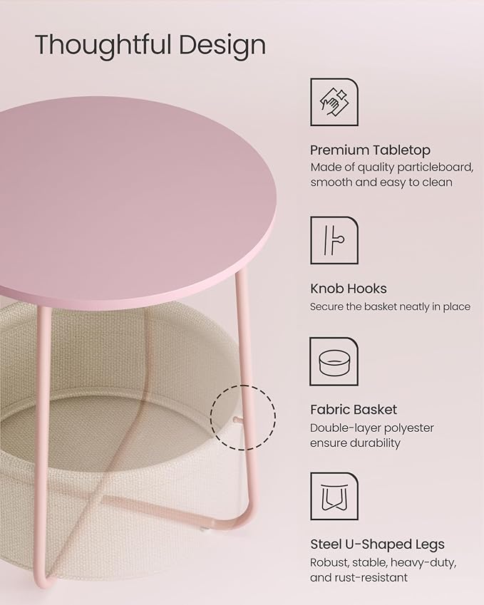 VASAGLE LILEA Collection - Small Round Side End Table, Modern Nightstand with Fabric Basket, for Living Room, Bedroom, Set of 2, Jelly Pink and Cream White ULET225SA01S