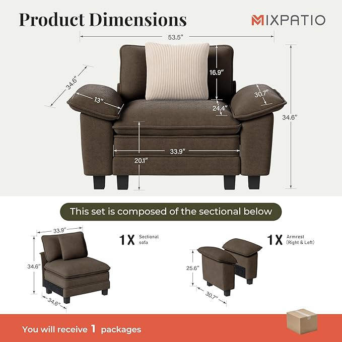 53.5" Modular Sectional Single Sofa, Soft Plush Chenille Armchair with Comfortable Deep Seat & Removable Arms for Living Room，Taupe