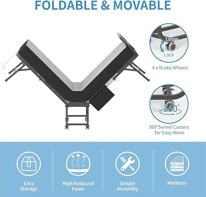 Folding Bed with Mattress for Adults, 75" x 31" Foldable Bed with Headboard and Side Pocket, Twin Size Metal Bed Frame with Wheels, Portable Rollaway Bed for Guest, Travel
