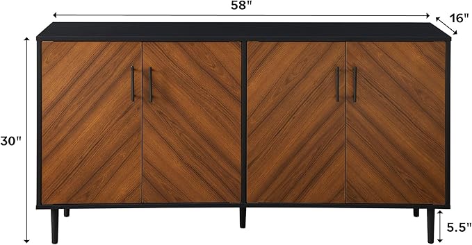 Walker Edison Caye Modern 4-Door Bookmatch Buffet-Sideboard for Storage, 58 Inch, Acorn Bookmatch/Black