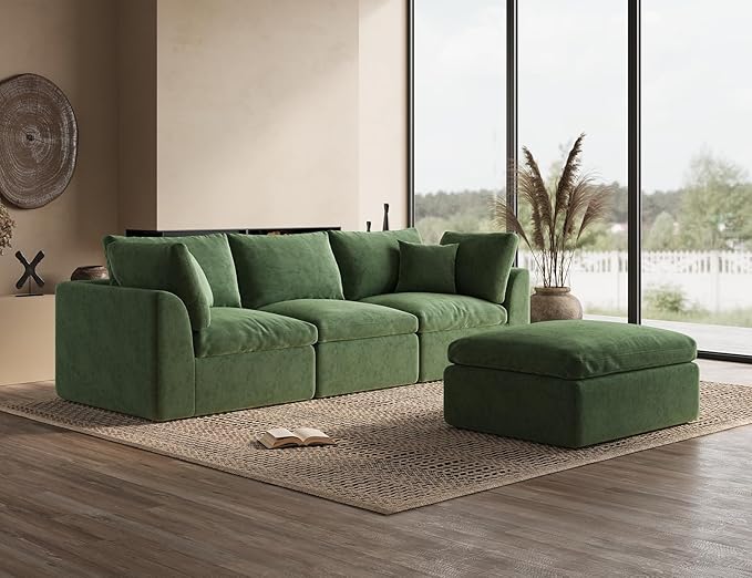110" Cloud Sectional Couches for Living Room, Boneless L-Shape Couch with Ottoman, 3 Seater Modular Sectional Sofa, Green