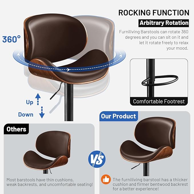 Furniliving Adjustable Bar Stools Set of 2, Swivel Bentwood Barstools Counter Height Bar Stools, Ergonomic Modern Bar Stools with Back Upholstered Barstools for Dining Room, Kitchen, Bar, Brown, PU