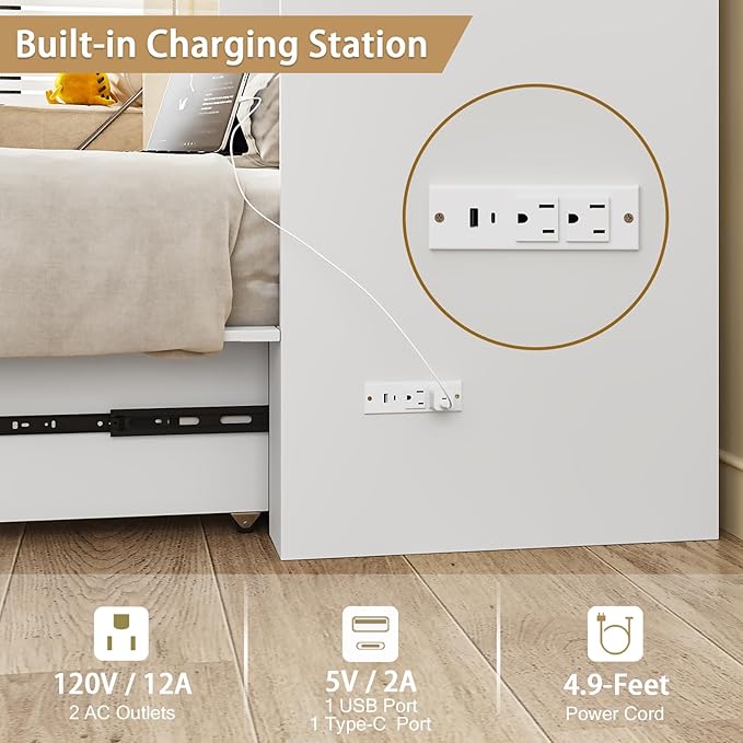 Twin Murphy Bed with Built-in Charging Station, Space-Saving Murphy Bed Chest Twin with Drawer, Foldable, for Home Office Guest Room Bedroom White