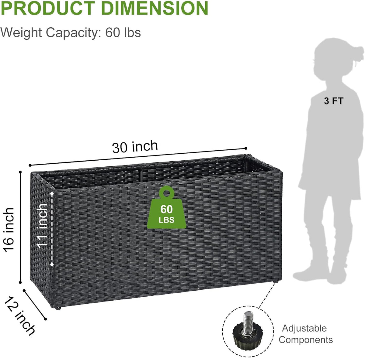 LEWIS&WAYNE Large Rectangular Block Planter Box Handmade Wicker Tall Planters for Outdoor Plants with Removable Liners Modern Planter for Indoor Outdoor Patio Deck - Black, 30''x12''x16''