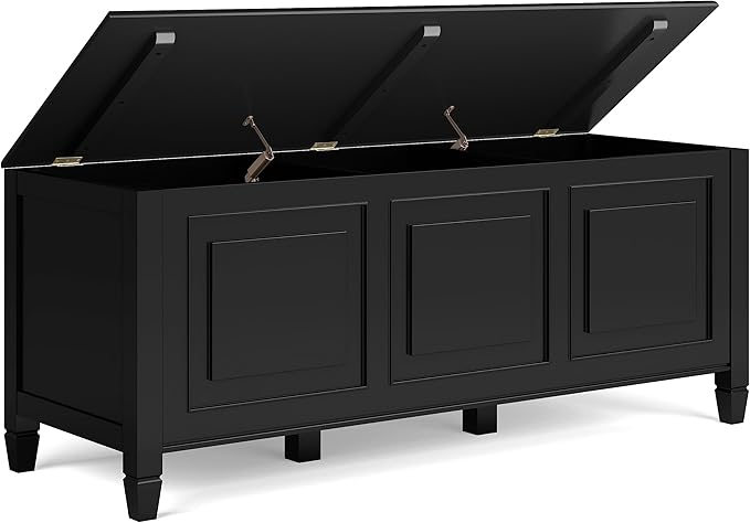 SIMPLIHOME Connaught Storage Bench - 51 inch Wide Solid Wood Trunk Bench in Black, Traditional Bench for Entryway with Lift-Up Lid and 3 Hidden Compartments