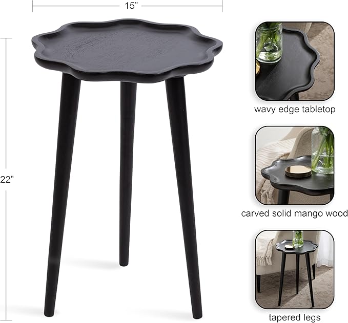 Kate and Laurel Alezar Modern Wooden Round Side Table, 15 x 15 x 22, Black, Solid Wood End Table with Wavy Edge for Bedroom Nightstand or Living Room Accent Table