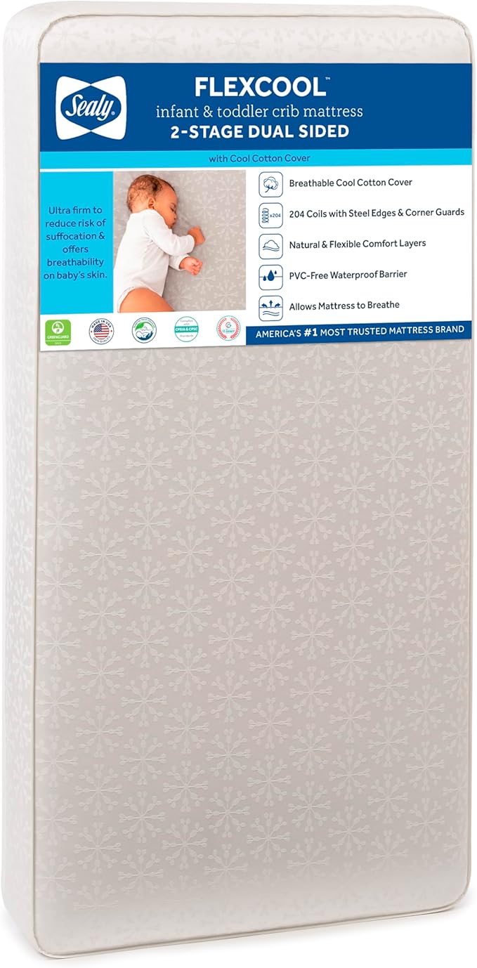 Sealy Baby Flex Cool 2 Stage Breathable Crib Mattress with Toddler Bed Fit, Waterproof & Airy Cotton Cover, 204 Premium Coils, GREENGUARD Gold Certified, Safety & Quality Tested, Made in USA, 52x28"