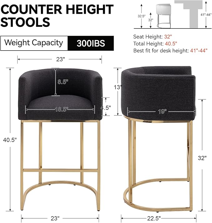 Contemporary Charcoal Linen Bar Stool, 32" Upholstered Fabric Counter Height Barstool Kitchen Counter Island Stool with Golden Metal Base