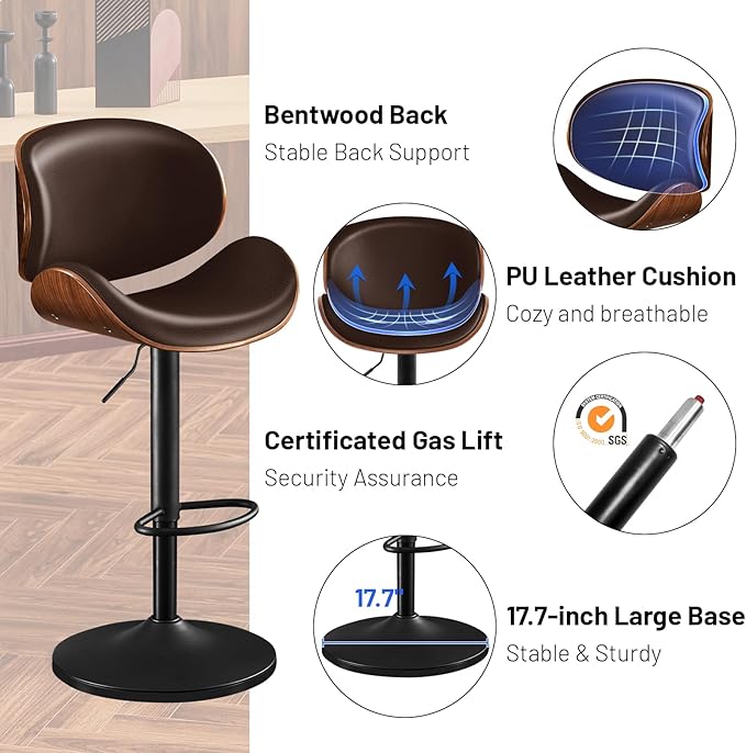 Furniliving Bar Stools Set of 4, Adjustable Height Swivel Bentwood Barstools, Upholstered Bar Chairs with Footrest, Ergonomic Modern Bar Stools for Dining Room, Kitchen, Bar, Brown, PU