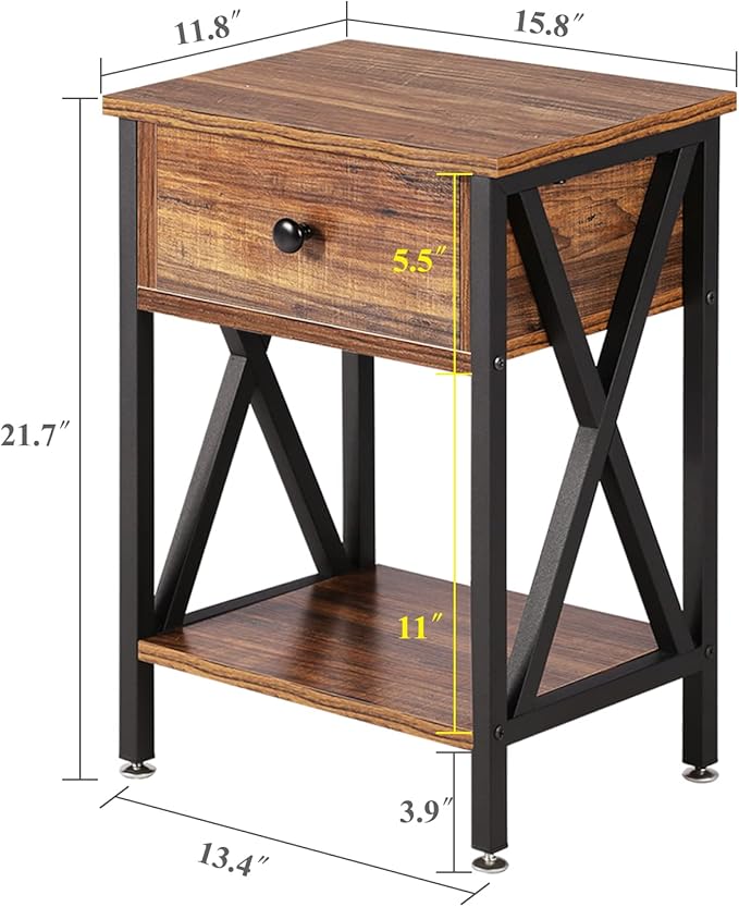 VECELO End Tables, Modern Nightstand with Drawer & Shelf, Night Stand for Bedroom Living Room,Industrial Metal Frame