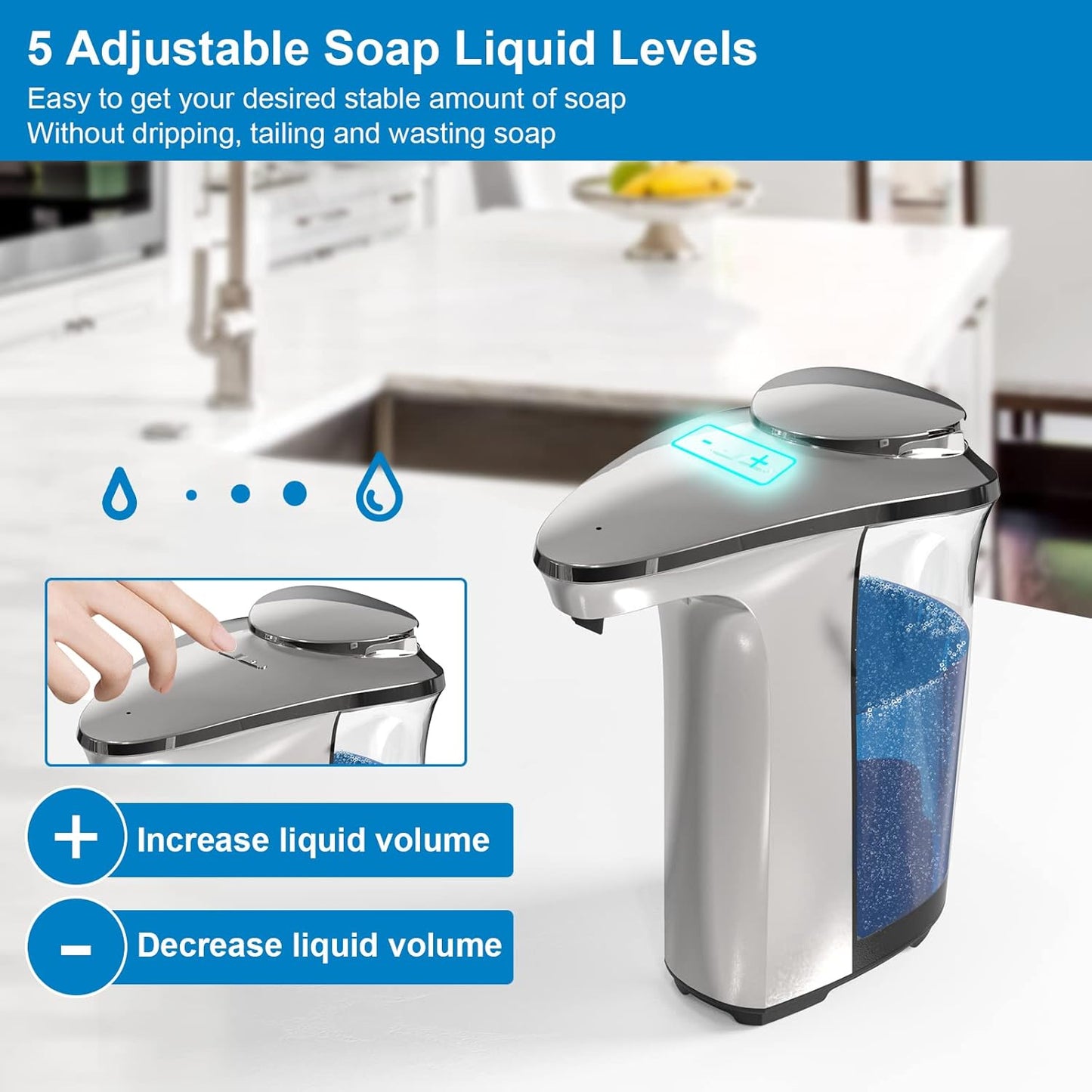 Automatic Soap Dispenser, Touchless Dish Soap Dispenser 17oz/500ml with Infrared Sensor, 5 Adjustable Soap Levels, Liquid Dispenser for Bathroom Kitchen (Silver)