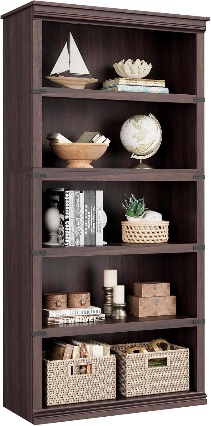 IDEALHOUSE 5 Tier Bookcase, Farmhouse Book Shelf with Storage, 71" Tall Book Case Wooden 5 Shelf Bookcase for Home Office, Living Room, Bed Room (Cherry, 67.4" H x 31.5" W x 12.8" D)