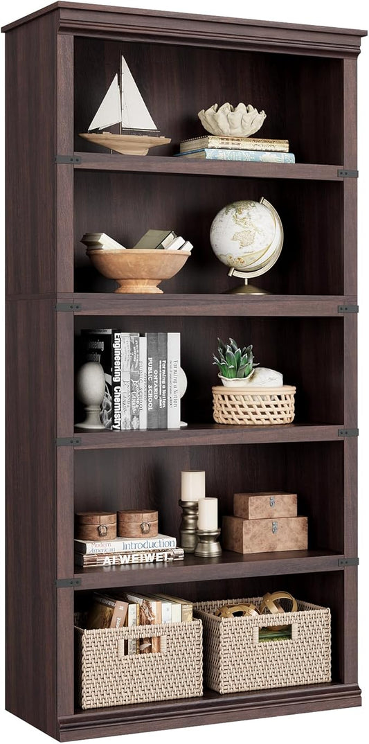 IDEALHOUSE 5 Tier Bookcase, Farmhouse Book Shelf with Storage, 71" Tall Book Case Wooden 5 Shelf Bookcase for Home Office, Living Room, Bed Room (Cherry, 67.4" H x 31.5" W x 12.8" D)