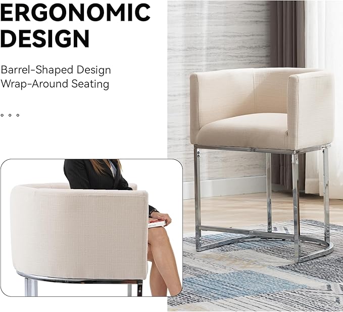 Contemporary Cream Linen Bar Stools Set of 3, 24" Upholstered Fabric Counter Height Barstools Kitchen Counter Island Stools with Screwed Together Chrome Finish Base