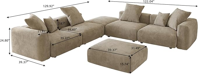 WJShome Oversized Modular Sectional Sofa with Ottomans,6 Seater Corduroy V Shaped Reversible Corner Couch,141.73" Convertible Sofa & Couch Free Combination for Living Rooom,Beige