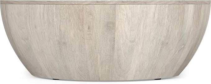SIMPLIHOME Elmbrook Coffee Table - 34 inch Wide Solid Mango Wood Modern Industrial Round Drum Cocktail Table in White Wash, Sculptural Living Room Table with Low Profile Design, Assembled