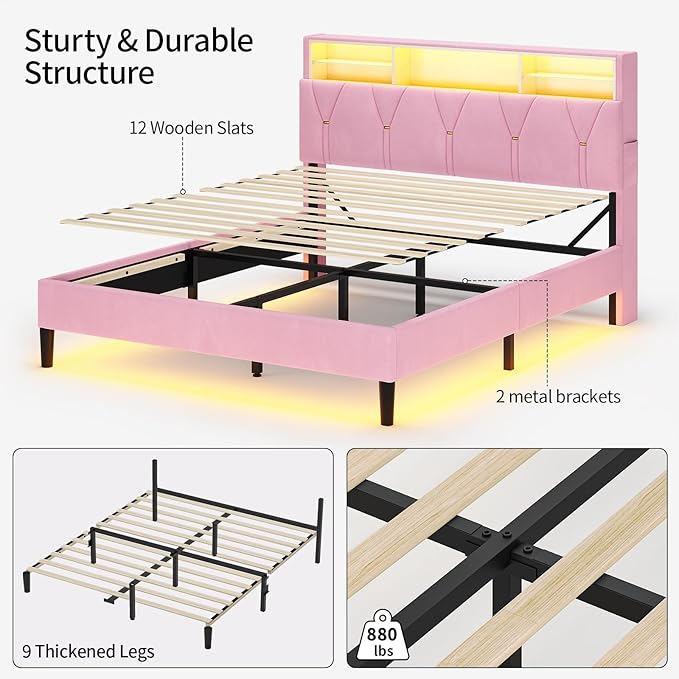 Full Size Bed Frames with Storage Headboard,Power Outlet, Modern Velvet Upholstered Platform Bed LED Bed Frame with 5 Storage Shelves, No Box Spring Needed, Pink