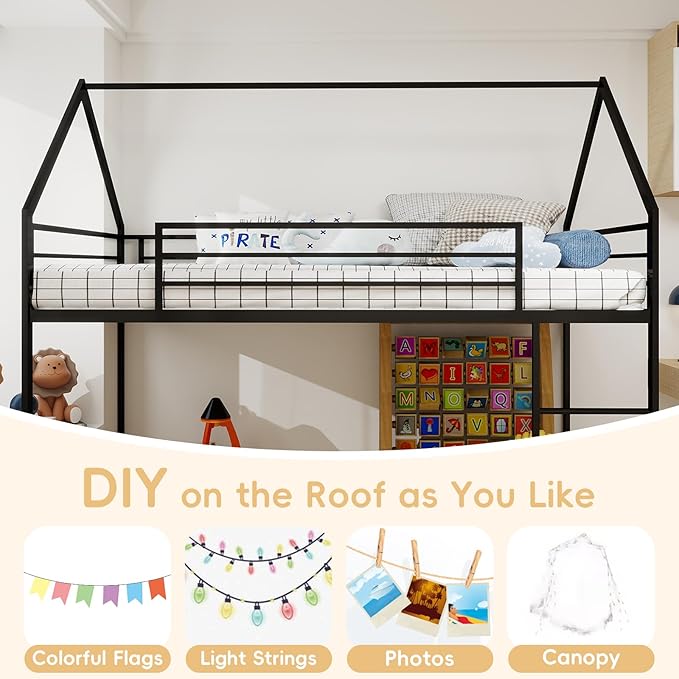 Bunk Bed Twin Over Twin, House Bunk Bed Frame with Ladder and Guardrail, House Shaped Bunk Bed Frame with Metal Slats for Girls Boys, Space Saving, No Box Spring Needed (Black)