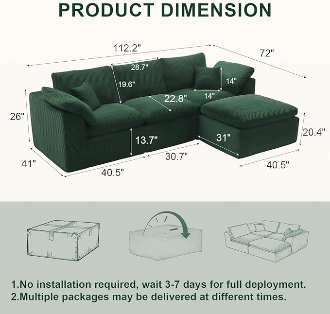 112" Cloud Sectional Couch, Boneless couches for Living Room, L Shaped Couch with Convertible Ottoman, Modular Sectional Sofa with Deep Seat, Comfy Soft Cushions, No Assembly, Green