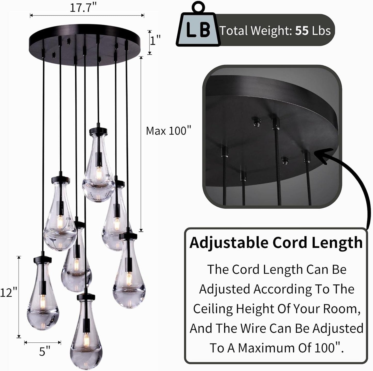 7 Light Raindrop Chandeliers, Bronze Teardrop Cluster Pendant Lights Kitchen Island, Black Dining Room Chandelier Over Table Hanging Pendant Lighting for High Ceiling, Entryway Staircase